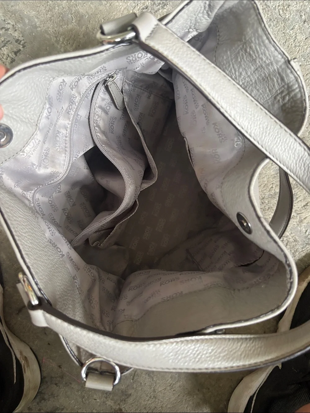 Michael Kors Light Gray Pebbled Leather Shoulder Tote with MK Charm